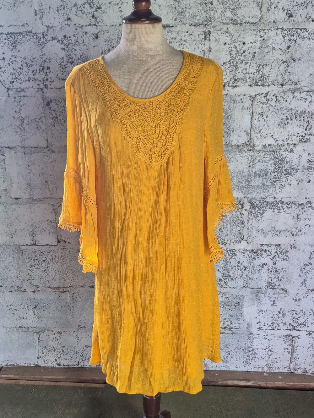 Mustard Crochet-Yoke Midi Dress with Bell Sleeves